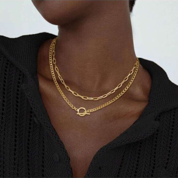 Layered Double Chain Necklace with Toggle Clasp | 18K Gold Filled Over Sterling - Picture 1 of 2